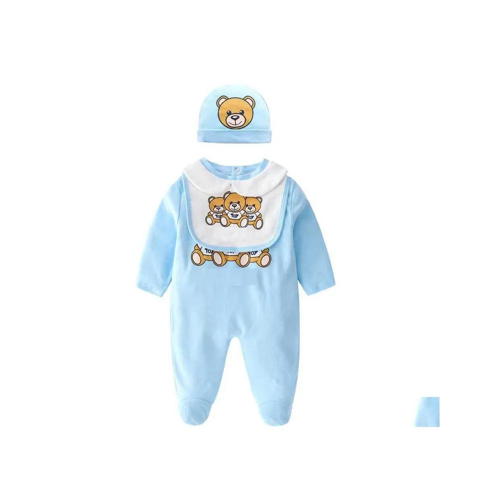 Rompers Summer Fashion Born Baby Clothes Shortsleeved Cotton Cute Cartoon Little Bear Boy Girl Romper And Hat Bibs Set 220525 Drop D Dhryd