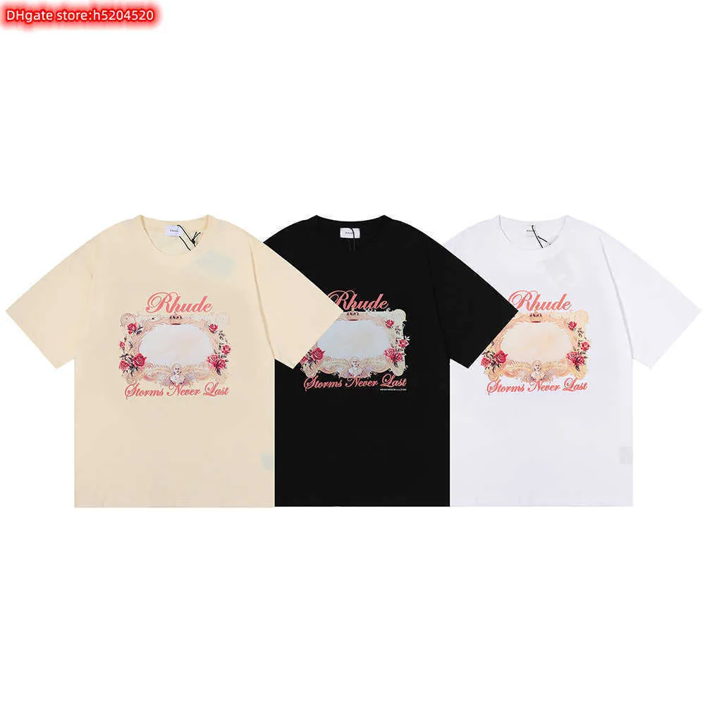 Fuhp Men's T Shirt 2023 Nowa marka modowa Rhude American Storms Never Last HD Rose Magic Mirror i damski krótki rękaw