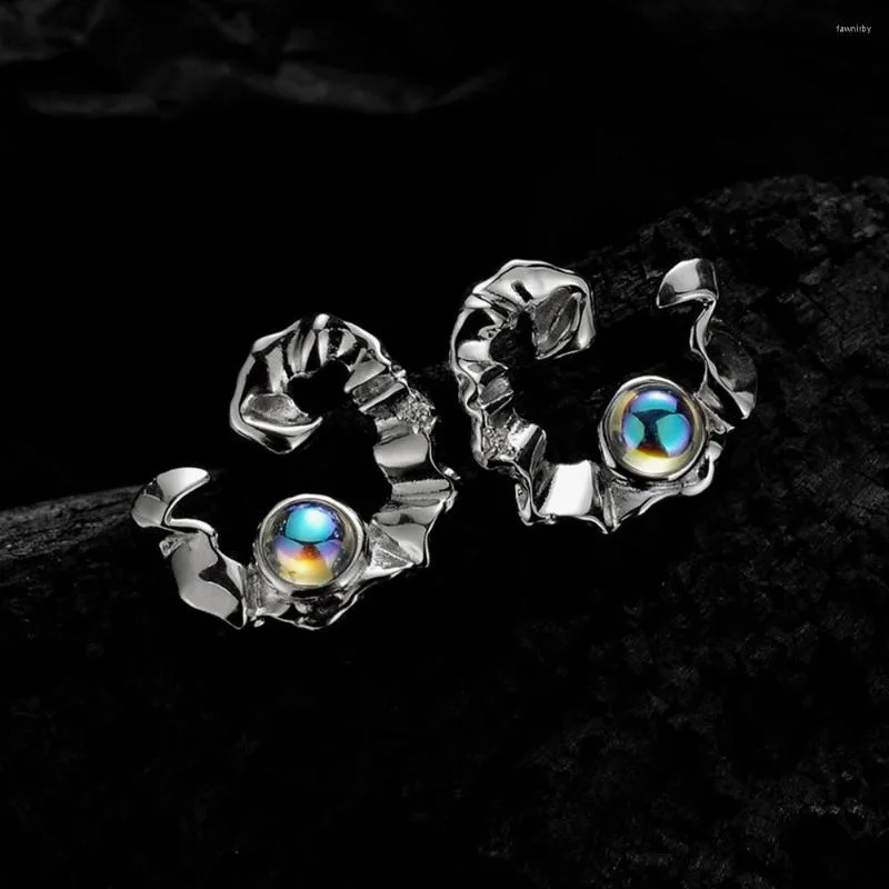 Çember küpeler mlkenly benzersiz 925 STERLING Gümüş Gradyan Moonstone Stud Kadınlar Düzensiz Origami Doku Küpe Takı