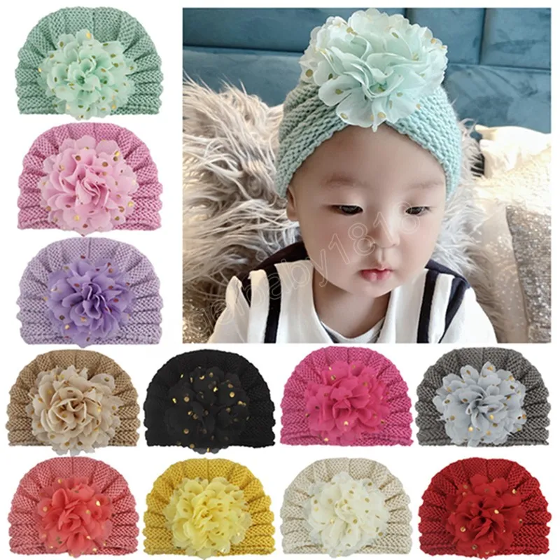 Solid Color Striped Knitted Wool Baby Girl Hat Fashion Handmade Chiffon Flower Caps with Golden Dots Outdoor Warm Bonnet