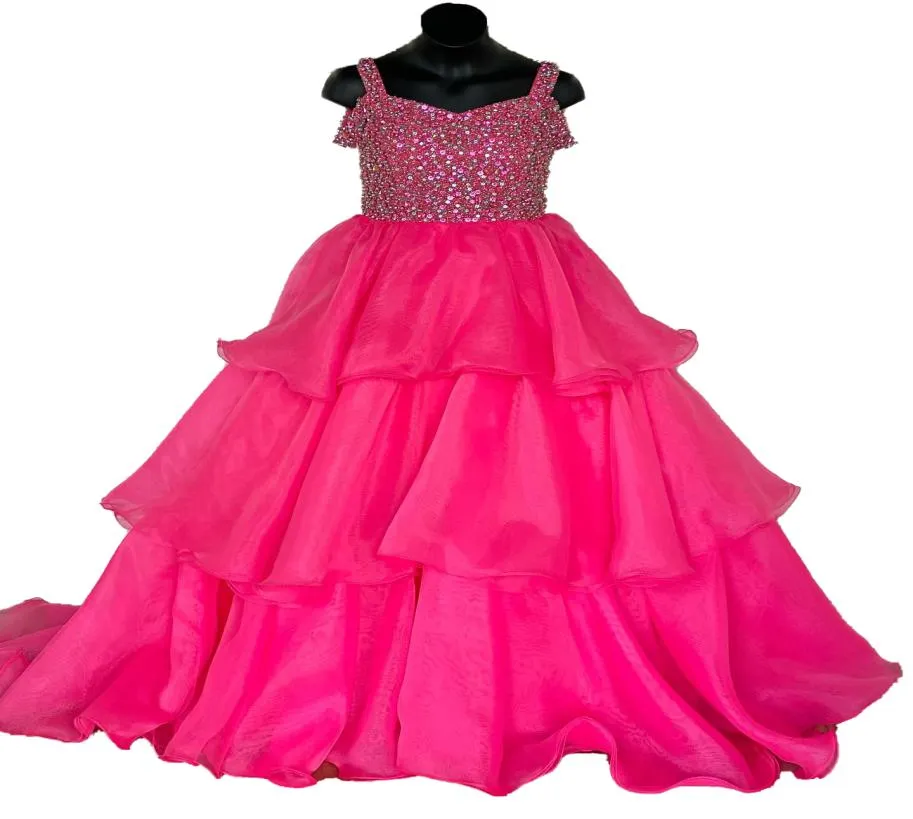 Pink Girl Pageant Dress 2023 Ballgown Beading Organza Straps Neck Little Kid Birthday Formal