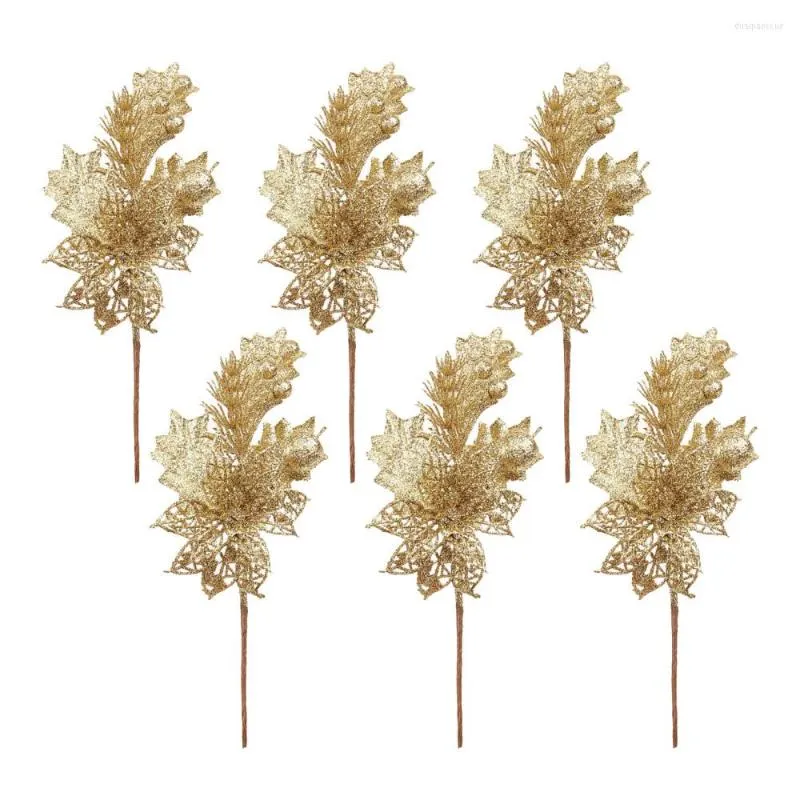 Decorative Flowers 6Pcs Simulation Christmas Cutting Gold Powder Hollow Out Ear Of Fruit Branch Tree Cuttings Home Decorations Ornaments