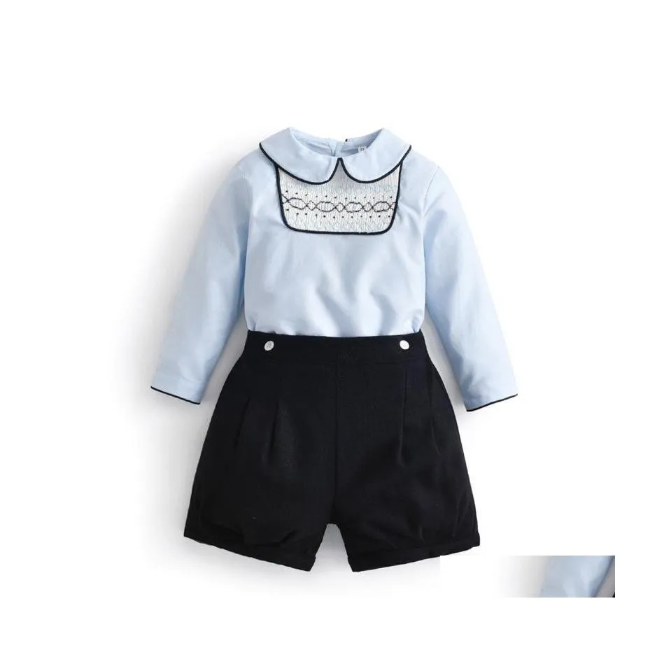 Camisas para niños 2 piezas Niños Boutique Niños Smocked Ropa Conjunto Bebé Estilo español Ropa Traje Niño Hecho a mano Smocking Blusas Blac Dh4Ag