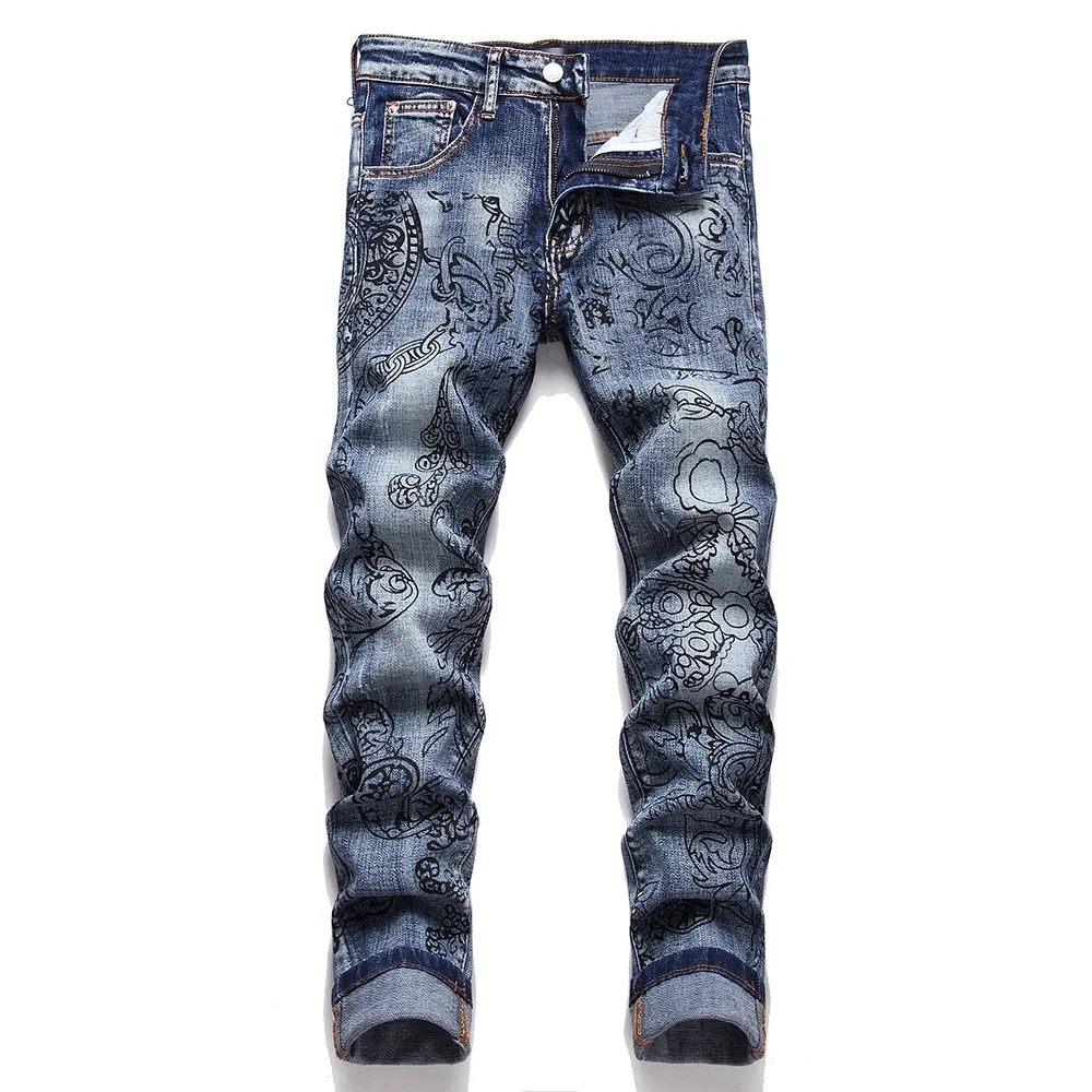 Jeans pour hommes Jeans à imprimé floral Motif de mode Pantalon en denim stretch Streetwear Slim Pantalon bleu conique