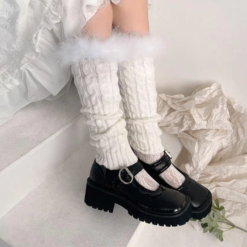 Kadınlar çorap lolita düz renkli sonbahar kış kadın bükülme şerit tüy ayağı örtü örme yün botlar orta tüp