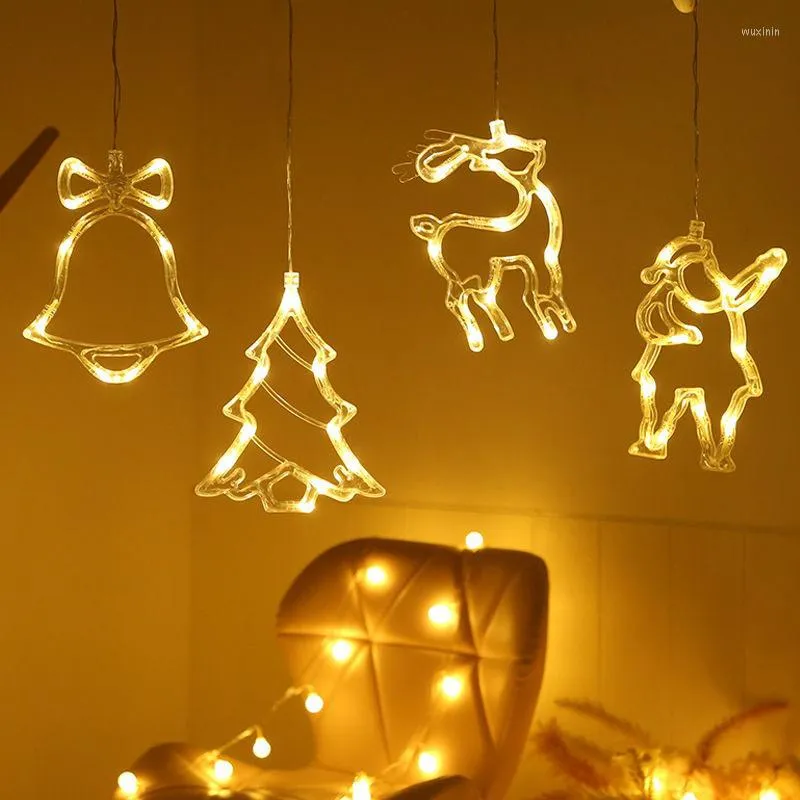 Juldekorationer LED -lampor Batteridriven Tree Snowman Elk Chandelier inomhus utomhusglasfönster Sugkoppljus