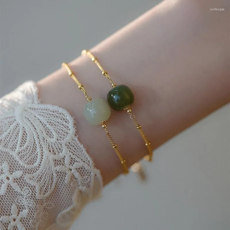Charm Bracelets Minar Chinese Style Green Color Natural Stone For Women Gold Beads Chain Toggle-clasps Bracelet Jewelry