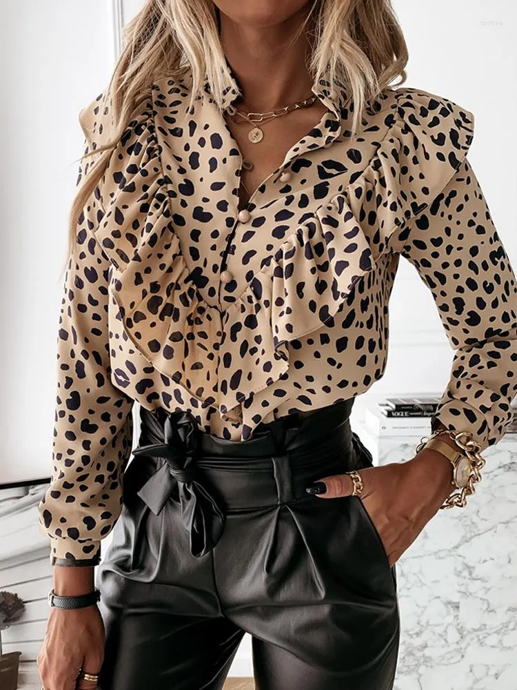 Damblusar Spring Leopard Print Volanger Skjorta Dam Enkelknäppt Stativkrage Sommar Långärmad Office Lady Toppar 2022 Clearance