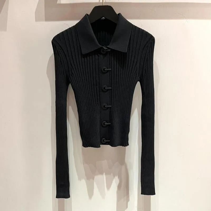 Maglioni da donna Cardigan lavorato a maglia con colletto POLO nero sottile da donna di alta qualità 22 Maglione corto sottile a maniche lunghe primaverile ed estivo