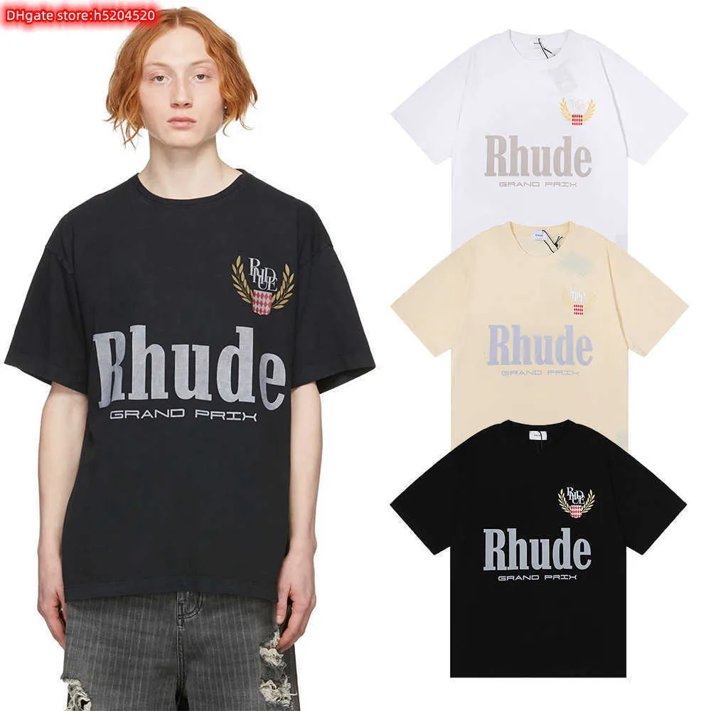 Clnu Men's T Shirt 2023 Nowa marka modowa Rhude American Nisza Grand Prix Odznaka wydrukowana okrągła szyja Krótki rękaw dla mężczyzn i kobiet