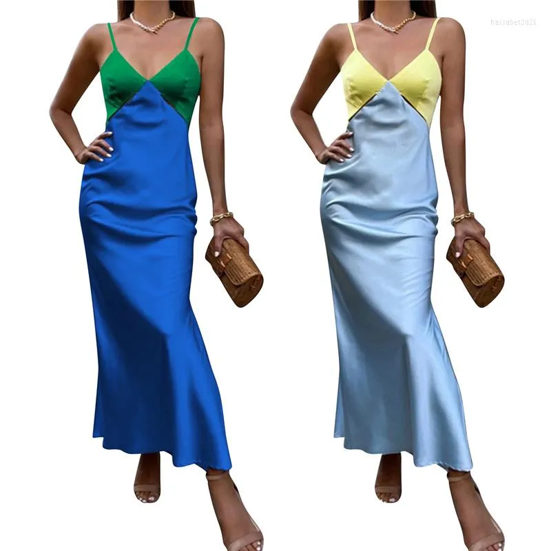 Casual Dresses Ladies Temperament Long Slip Dress Summer Women Leisure Style Contrast Color Splicing V-neck Sleeveless Beach Slim Skirt