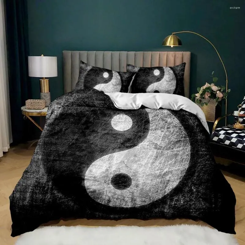 Set di biancheria da letto Set copripiumino Yin Yang per ragazza ragazzo Bambini Cultura antica cinese Arte Consolatore in poliestere Motivo decorativo per pettegolezzi