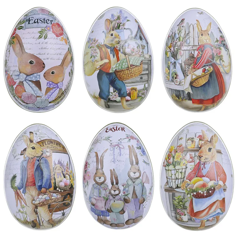 Easter Tinplate Ei -vormig snoep Tin Bunny Konijn Gedrukt metaal Spring Party Gunstverpakking Opslagcase S M L Grootte