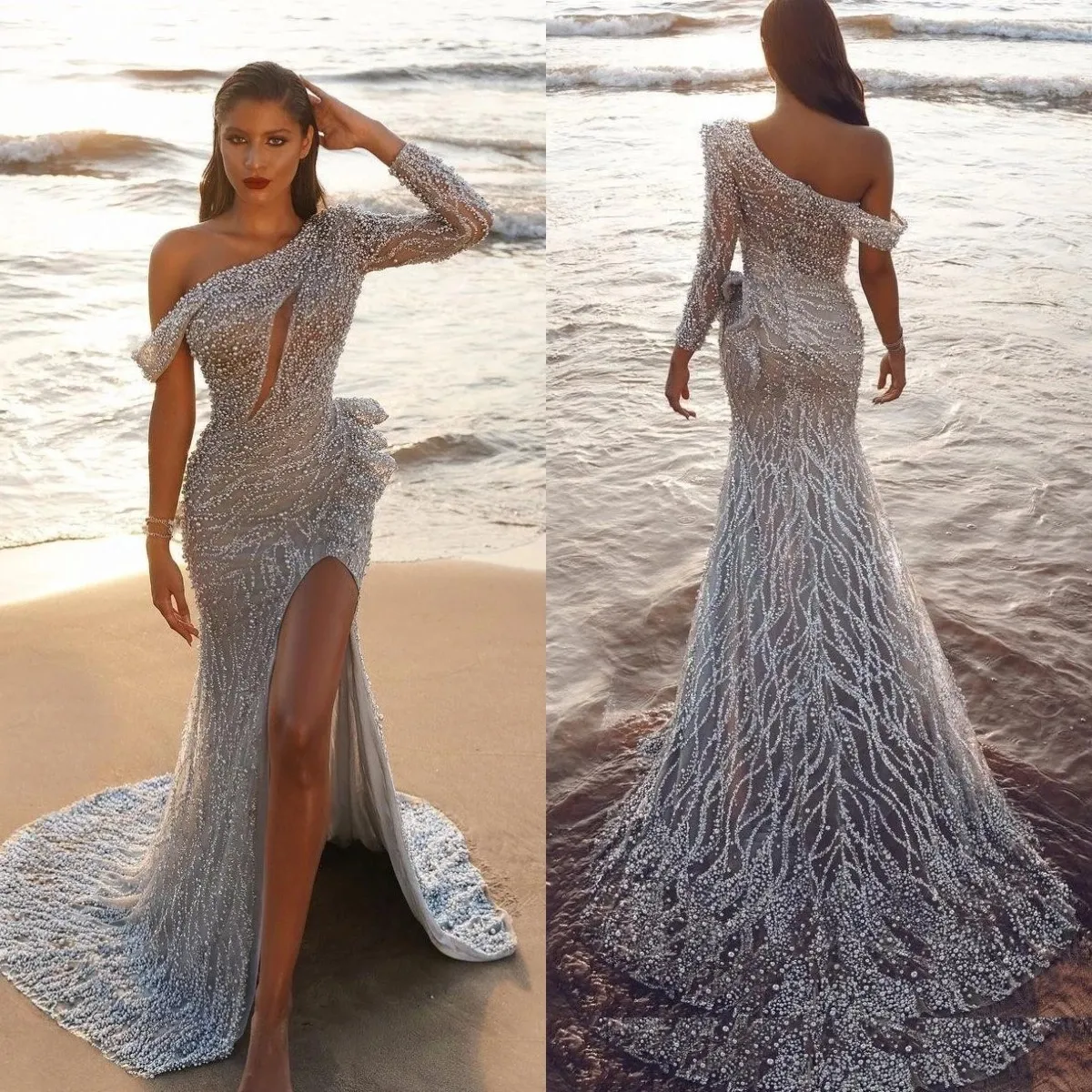 Luxury Lace Mermaid Prom Dresses One Shoulder Beading Party Dresses Side Split Long Sleeves Crystals Custom Made aftonkl￤nning
