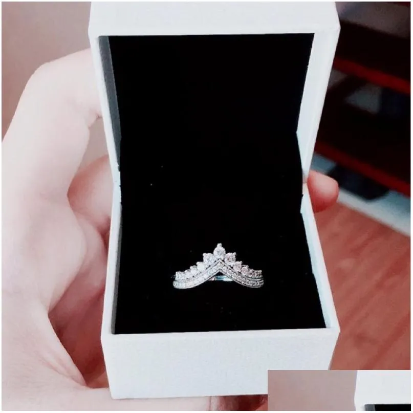 Pierścionki ślubne Nowe księżniczka życzenie pierścionek oryginalne pudełko dla Pandora 925 Sterling Sier Wishbone Set CZ Diamond Women Prezent Upuszczenie Dho9b