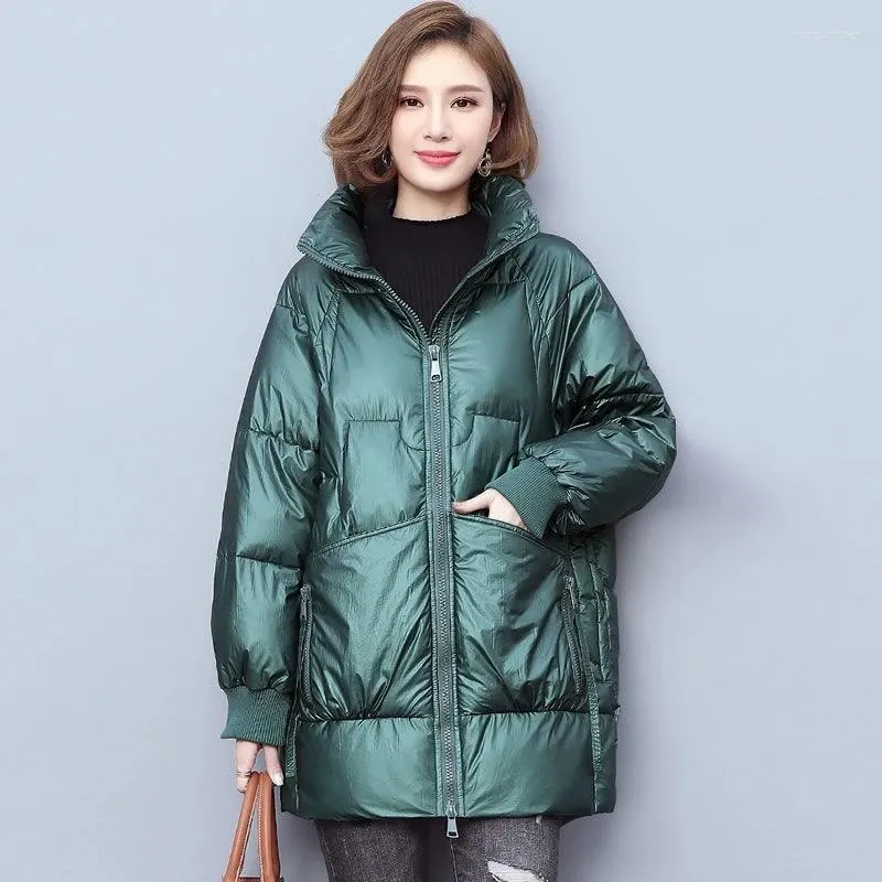 Femmes vers le bas hiver coréen mode coton veste femmes ample chaud mi-longueur bouffant manteau solide brillant imperméable Parkas vêtements d'extérieur