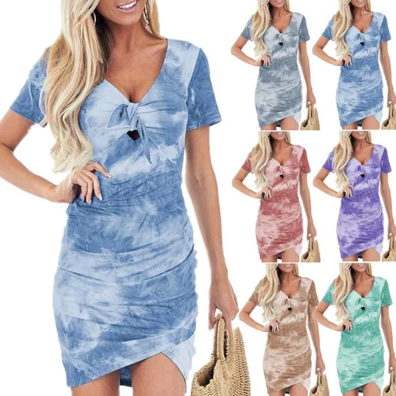 Casual jurken plus maat S-5xl vrouwen korte mouw v nek stropdas kleurstof bodycon boog onregelmatige zoom mini jurk feestvestidos zomer