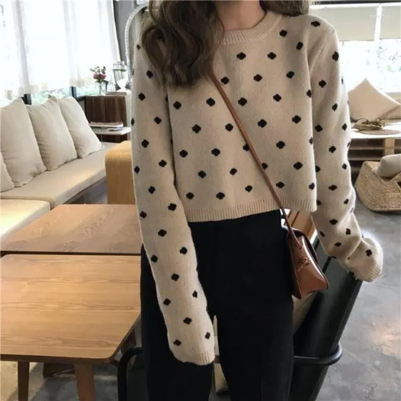 Dames truien korte o nek lange mouw polka dot pullover sueter mujer jumper herfst vintage vrouwen crop top