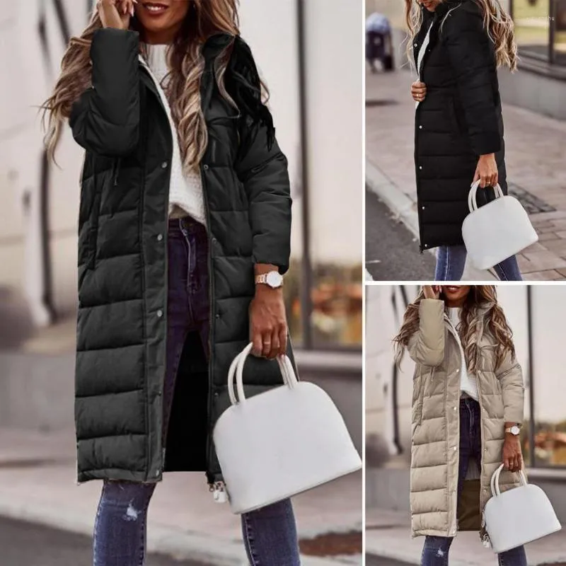 Women's Trench Coats Long Sleeve Pockets Buttons Zipper Placket Quilted Women Coat Thickened Striped Winter Solid Color Hooded Mid-length