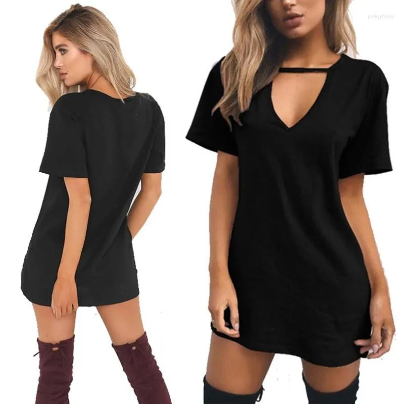 Casual Kleider Frauen T-shirt Kleid Kurzarm Pullover Halsband Tiefem V-ausschnitt Tops Damen Sexy Kleidung Drop