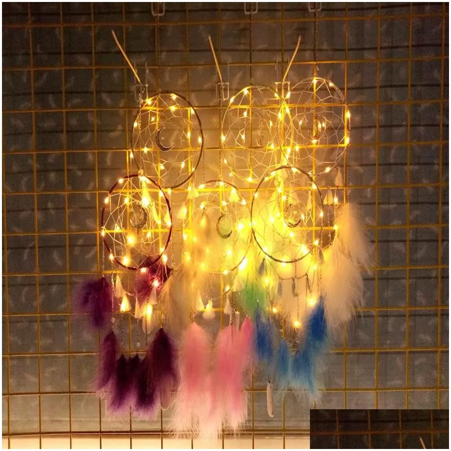 christmas decorations dream catcher wind chimes 6 colors led feather wall hanging ornament dreamcatcher bedroom christmas decoration