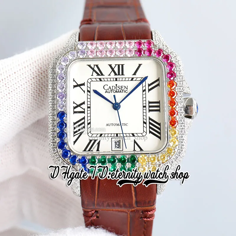 TWF TW0018 Paved Diamonds M8215 Автоматические мужские часы 40 -миллиметровые радуги с большим алмазом белый циферблат римские маркеры кожа