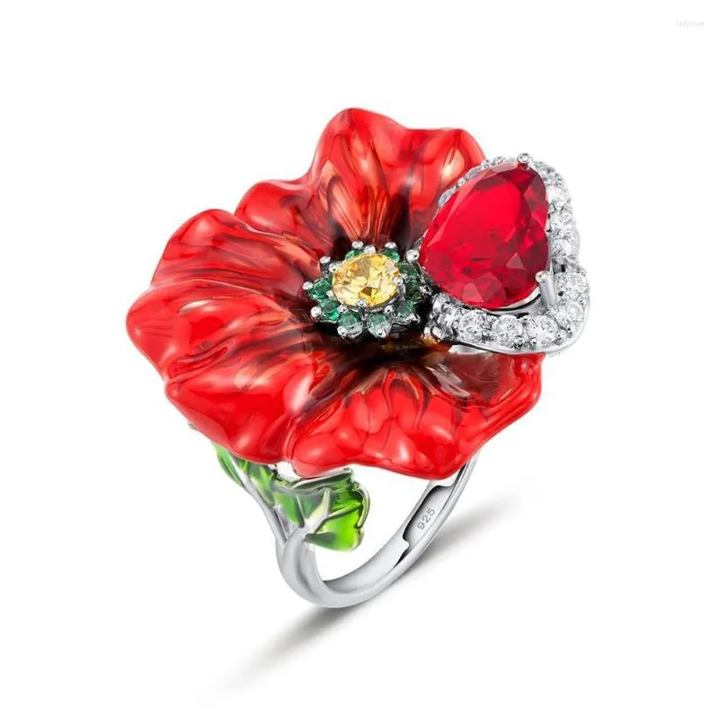 Кластерные кольца 925 Серебряное серебряное женское роскошное кольцо Отличное элегантное красное эмалевое цветок для женской моды свадебные украшения Cricle