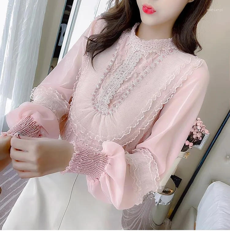 Women's Blouses 2022 Spring Fahsion Women's Lace Shirts Femme Elegant Long Sleeve Lady Bead Work Tops