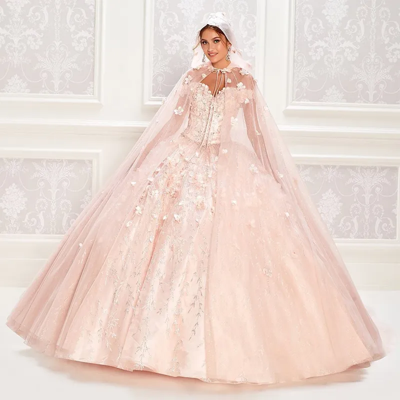 Robe de bal rose, épaules dénudées, perles, fleurs 3D, robes de soirée princesse avec manches Cape, sur mesure