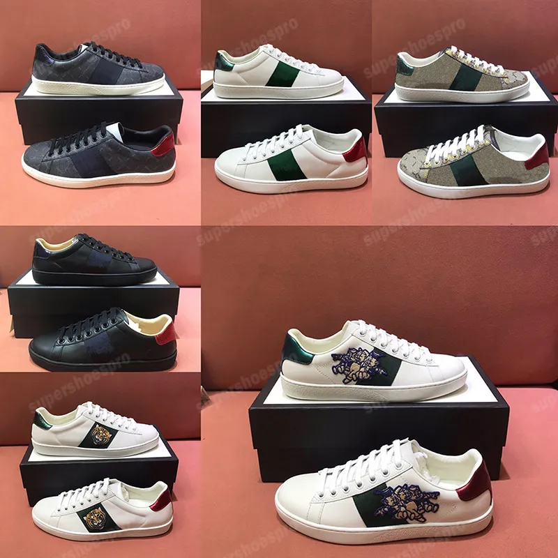 Verde Vermelho Sapatos Tênis Marca Designer Moda Feminina Masculina Sapato De Couro Bordado Tênis Tênis Macio Bee Tigre Branco Cadarço Baixo-alto Bico Redondo Andar