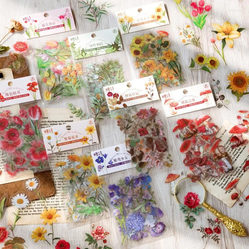 Gift Wrap 40pcs/bag Plant Series Transparent PET Stickers DIY Scrapbook Hand Account Decorative Flowers Diary Decorations