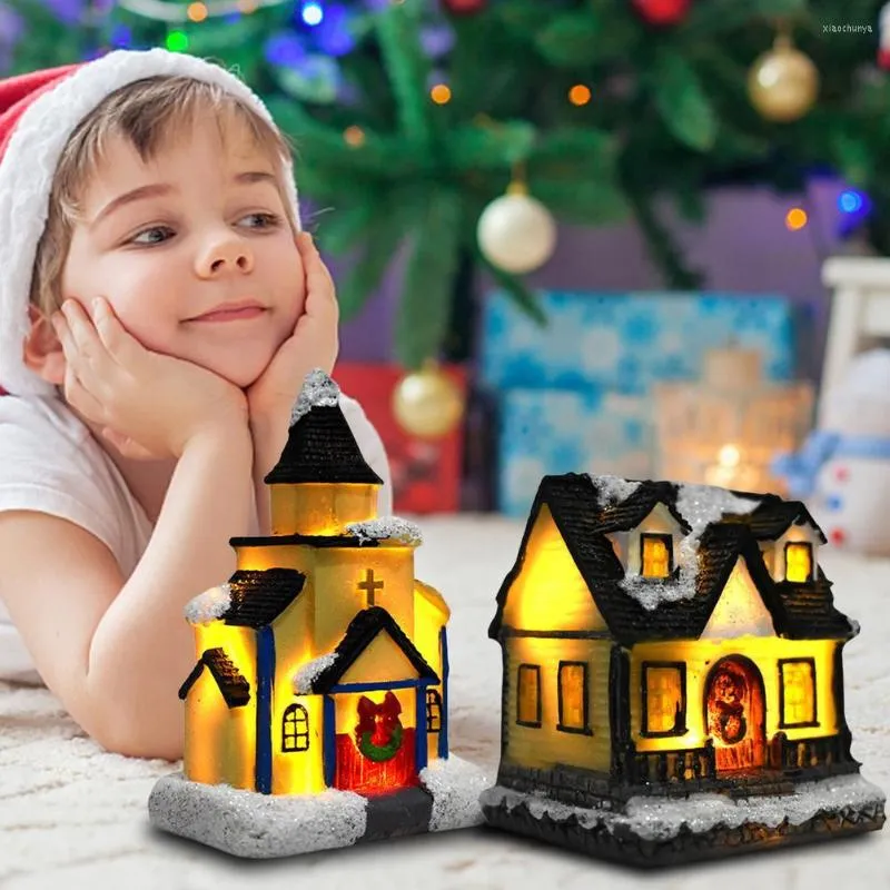 Christmas Decorations Village Houses Resin Snow House Statue Scene With Warm LED Light For Chris