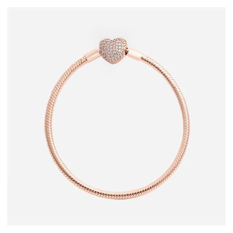 Charm Bracelets Luxury Fashion 18K Rose Gold Cz Diamond Heart Original Box For Pandora 925 Sier Smooth Snake Chain Bracelet Drop Del Dhvua