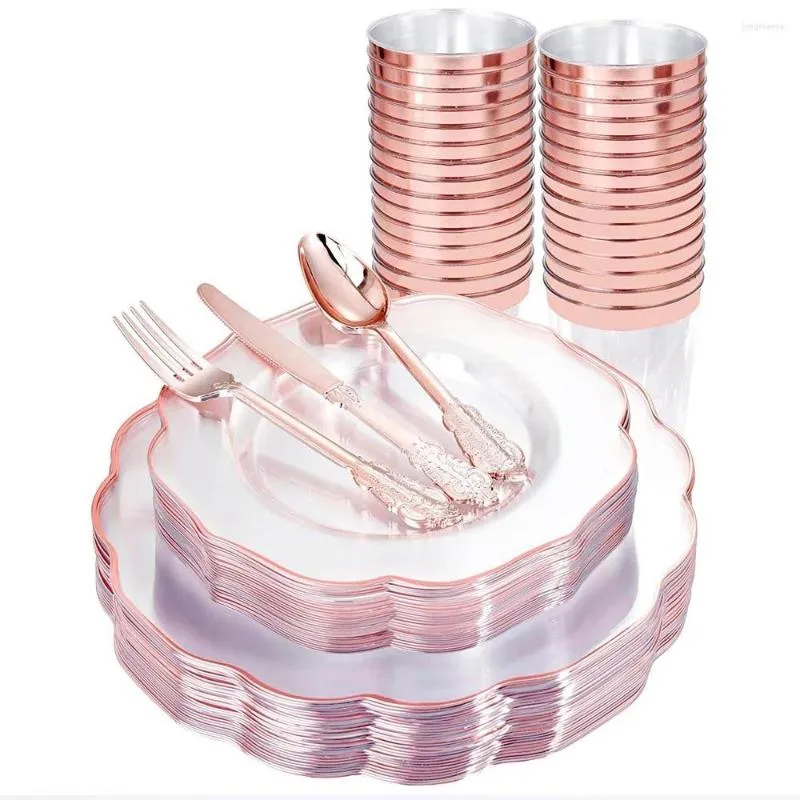 Wegwerp Flatware Rose Gold Party Set Table Decoratie Plastic plaat Cup Zilverwerk Verjaardagsbenodigdheden