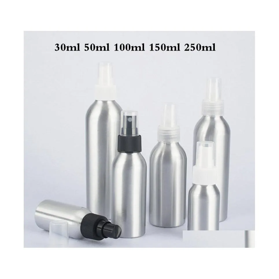 F￶rpackningsflaskor 30 ml 50 ml 100 ml 150 ml 250 ml aluminium fin dimspray atomizer med svart/vit/klar pumplock 0407 Drop Delivery Off Dhuos