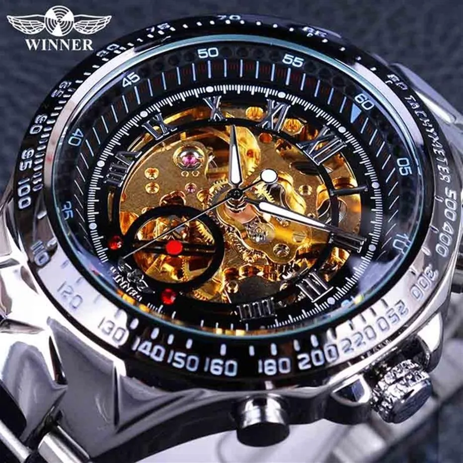 Vinnare Classic Series Golden Movement inuti Silver Rostfritt stål Herr Skeleton Watch Top Brand Luxury Fashion Automatic Watch W273X