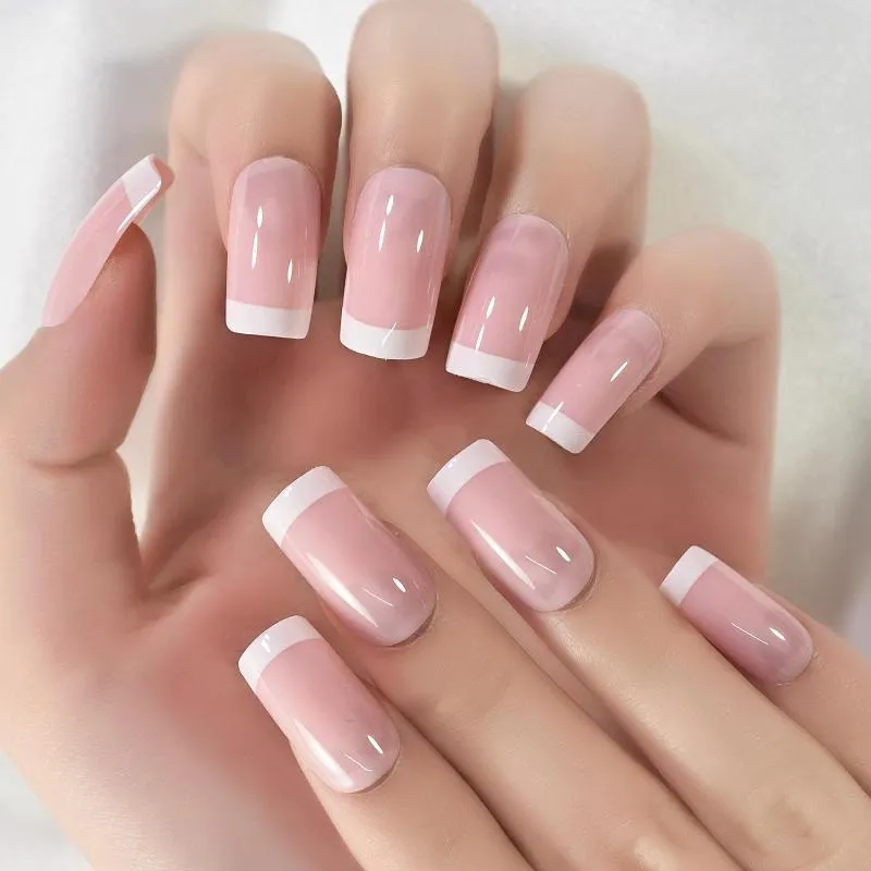 24pcs French False Nails Pink White Tip Short Square Press on Nails  Gradient Acrylic Full Cover