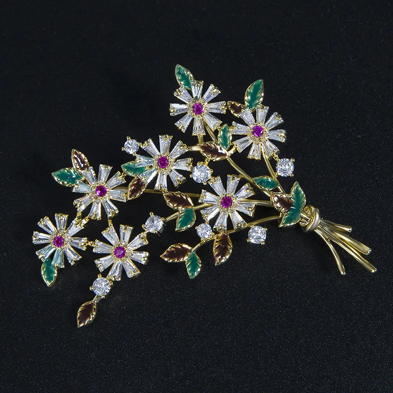 Luxus Bouquet Broschen für Frauen Farbe Zirkonia Blume Corsage Weibliche Mode Pins Mantel Kleidung Zubehör Schmuck