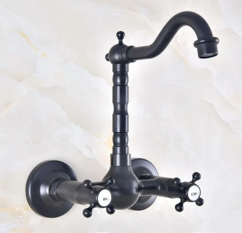 Bathroom Sink Faucets Black Oil Brass Double Handle Dual Hole Wall Mount Basin Faucet Kitchen Cold And Water Mixer Tap Dnf469