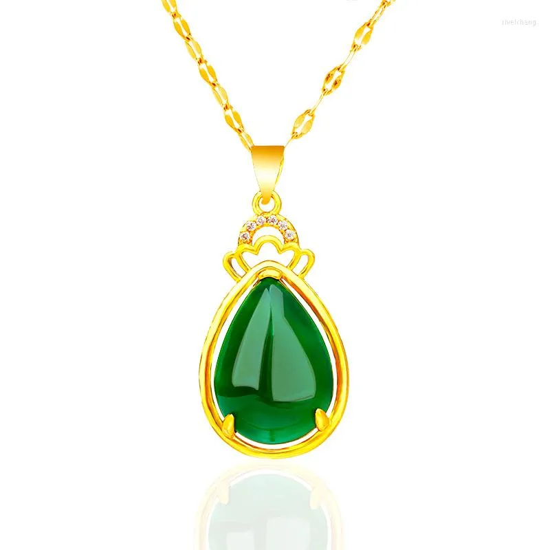 Pendentif Colliers Pour Femmes Imitation Jade Goutte D'eau Strass Couronne Plaqué Or 24K Bijoux De Fiançailles