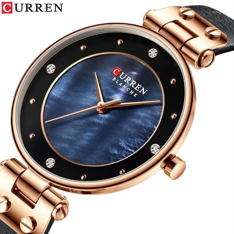 CURREN, relojes para mujer, reloj de pulsera con correa de cuero superior para mujer, reloj azul, reloj elegante de cuarzo para mujer, reloj 1268Z