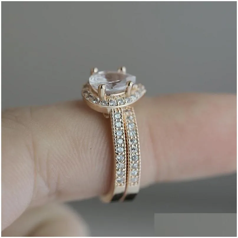 fashion rose gold plated design 2pcs cz women engagement wedding ring set