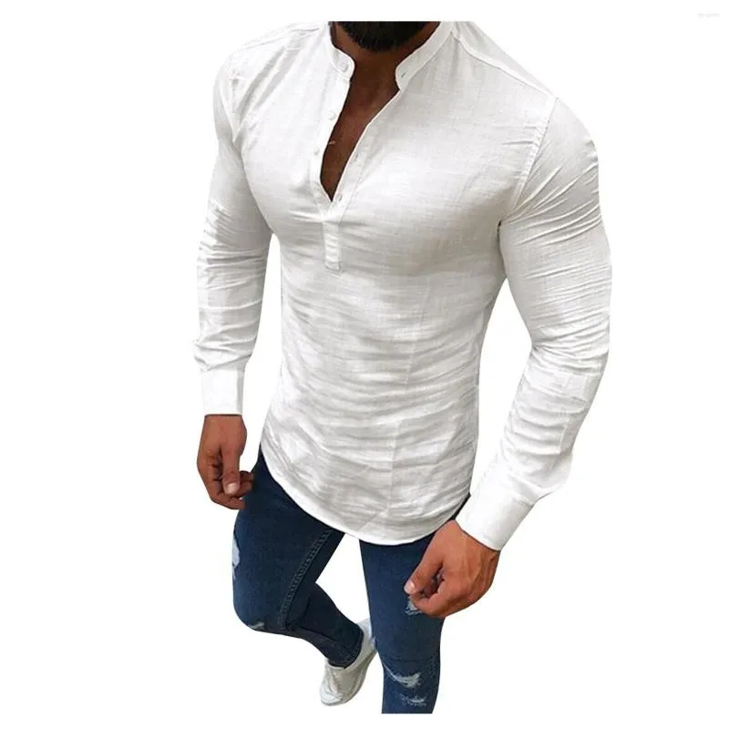 Men's Casual Shirts Men Linen Long Sleeve Top V Neck Button Up Shirt Male Business Fit Blouse Solid