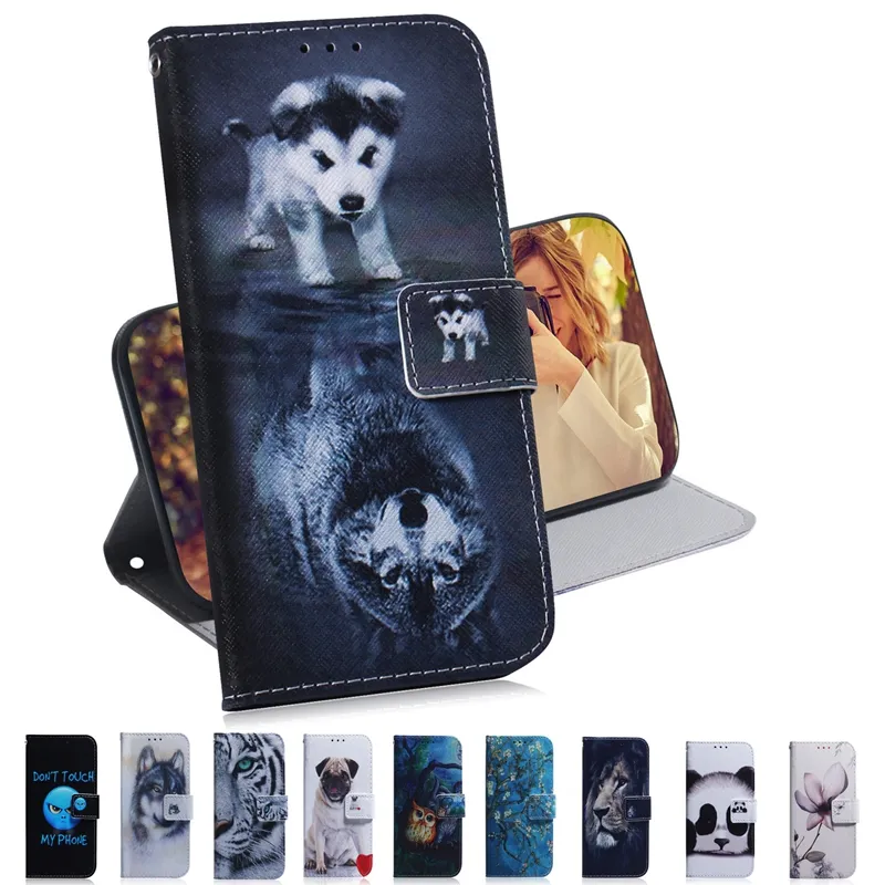 Dierlijke lederen portemonnee hoesjes voor Samsung A34 5G A54 A04E A24 4G Motorola MOTO G73 G13 G23 G53 E13 Bloem Leeuw Panda Hond Wolf Tijger Uil Kaartsleuf ID Flip Cover Folio Pouch