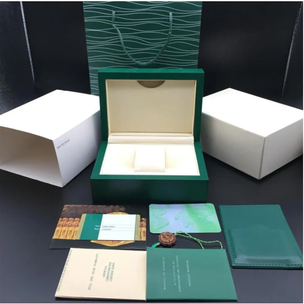 Toppkvalitet Dark Green Watch Box Gift Woody Case For Watches Booklet Card Taggar och papper i engelska Swiss Clock Boxes Ship286p