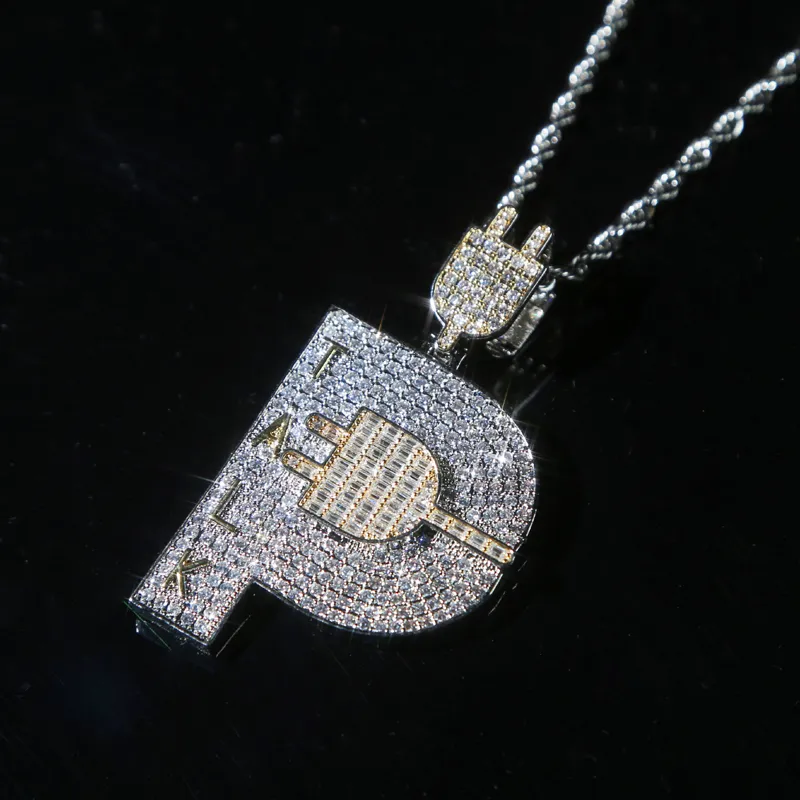 Iced Out Hip Hop Plug Ciondolo pavimentato Full Cz con catena a corda Collana placcata Two Tone per uomo Boy Punk Style Jewelry Drop Ship