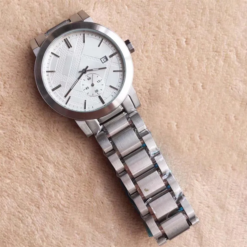 Mode män armbandsur 42mm brittisk stil kvarts kronograf date mens watch watches silver rostfritt stål armband vit di286q