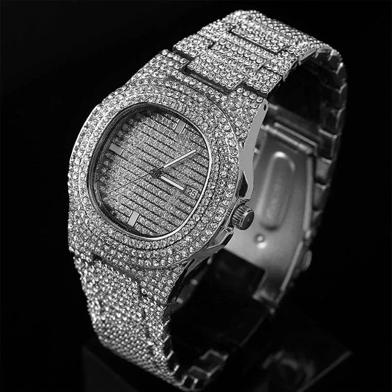 Reloj ostentoso a la moda para mujer, reloj redondo de cuarzo, relojes de pulsera con diamantes helados para mujer, relojes plateados dorados brillantes para mujer, regalo 2633