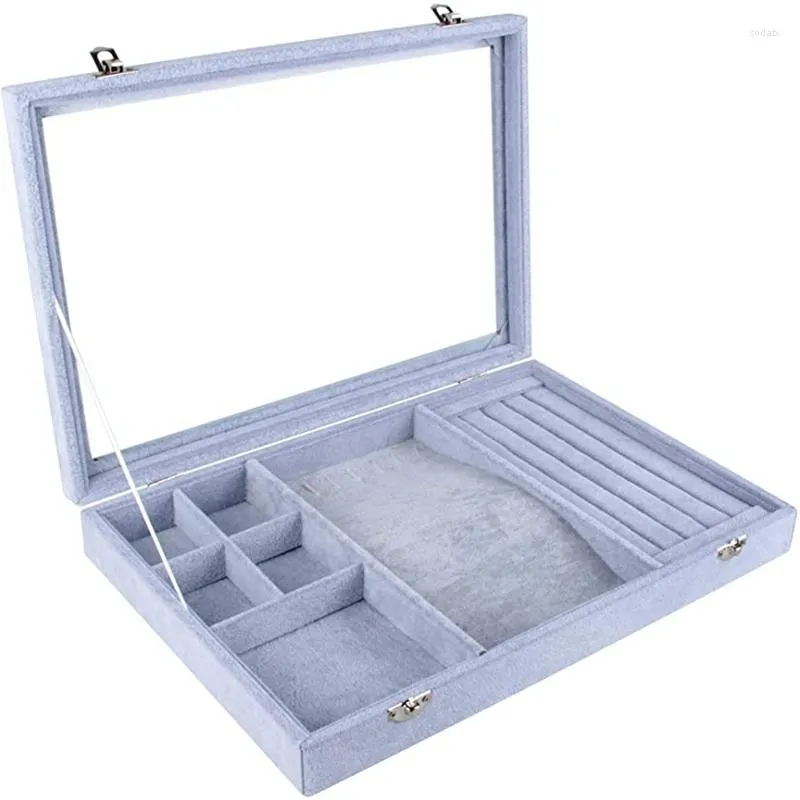 Jewelry Pouches Multifunction Slit Box With Glass Lid Velvet Earring Tray For Display And Storage