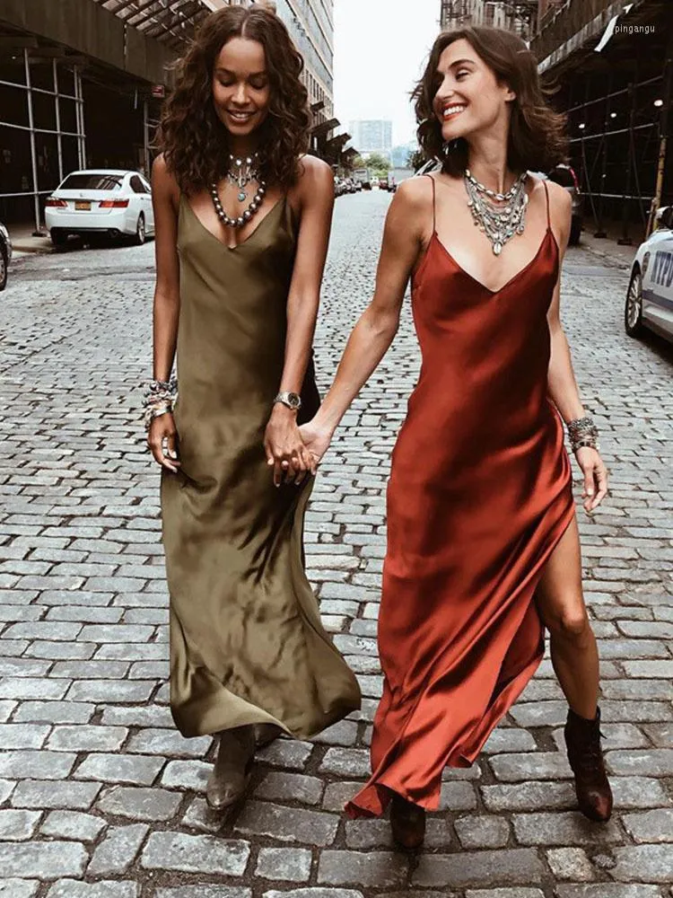 Casual Dresses Sexy Satin V Neck Party Dress For Women Elegant Spaghetti Strap Sleeveless Backless Side Split Long 2022 Summer Vestidos